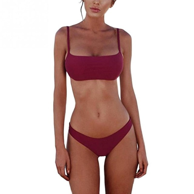 Solid Bikini Set Push-up UnPadded Bra Swimwear